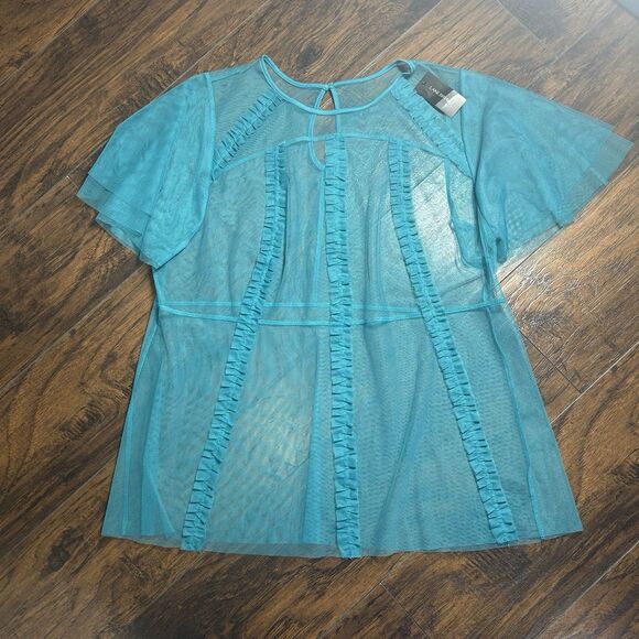 Lane Bryant Tops - Lane Bryant Sheer Teal Ruffle Sleeve Blouse Wispy 18/20 Mesh Romantic Plus NWT